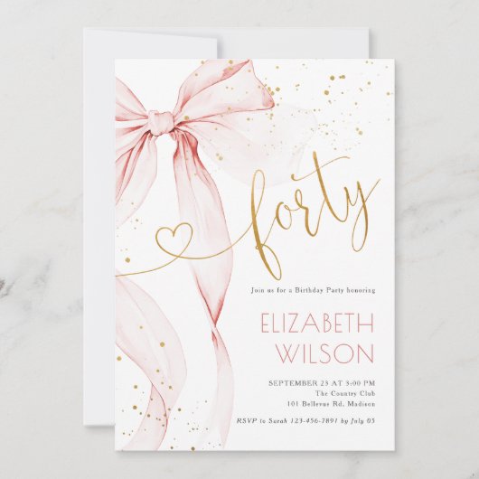 Pink Bow 40th Birthday Invitation Kaart (Voorkant)