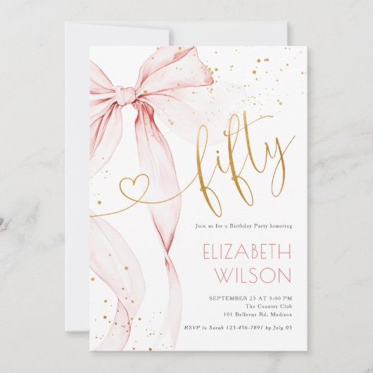 Pink Bow 50th Birthday Invitation Kaart (Voorkant)
