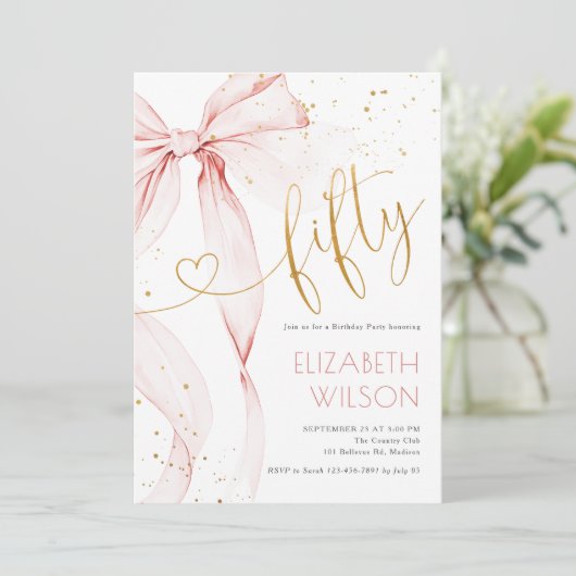 Pink Bow 50th Birthday Invitation Kaart (Staand voorkant)