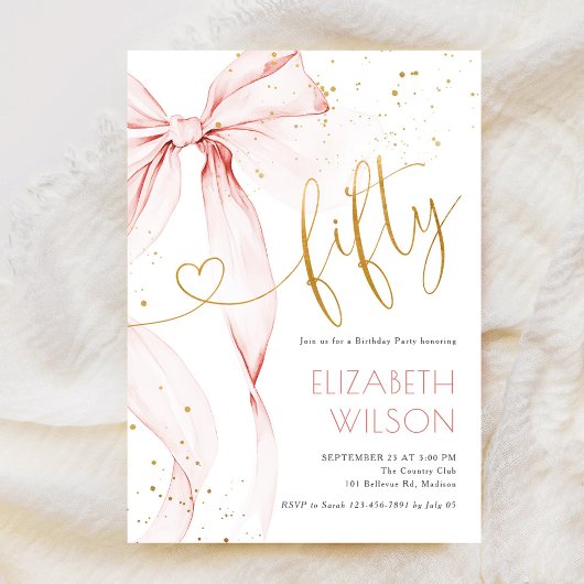 Pink Bow 50th Birthday Invitation Kaart