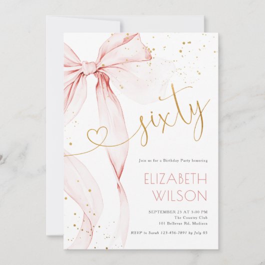 Pink Bow 60th Birthday Invitation Kaart (Voorkant)