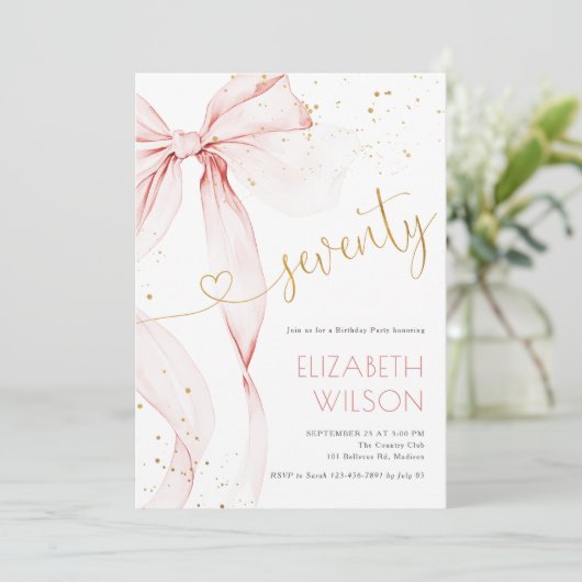 Pink Bow 70th Birthday Invitation Kaart (Staand voorkant)