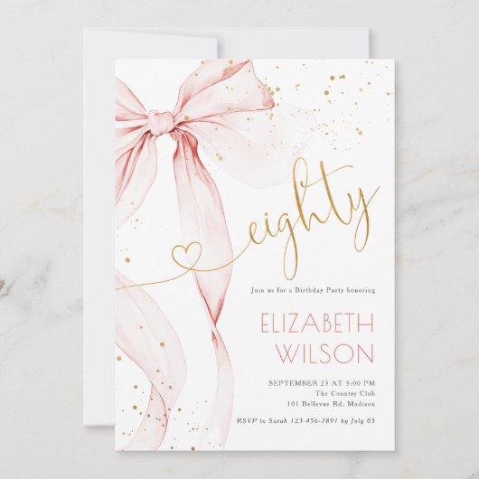 Pink Bow 80th Birthday Invitation Kaart (Voorkant)