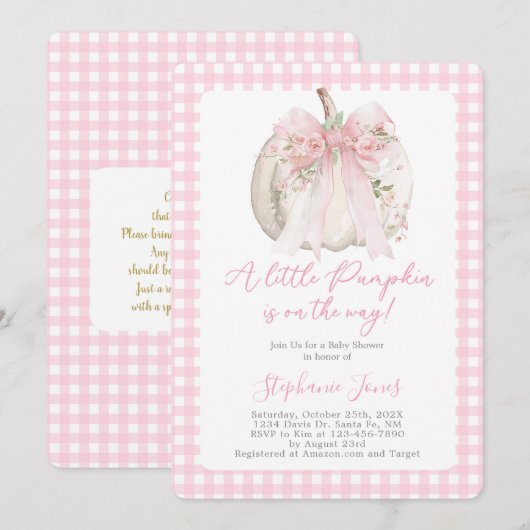 Pink Bow A Little Pumpkin Baby Shower girl Kaart (Voorkant / Achterkant)
