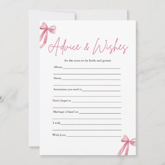 Pink Bow Advies en Wensen Vrijgezellenfeest Game Kaart (Voorkant)