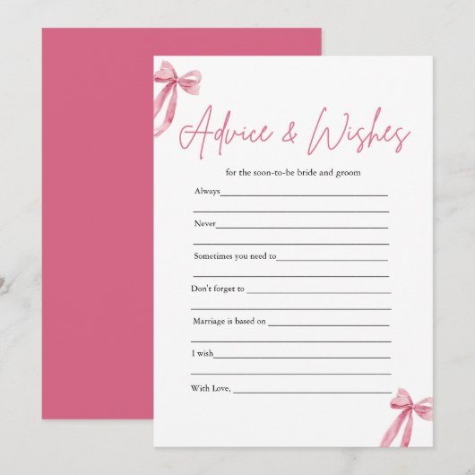 Pink Bow Advies en Wensen Vrijgezellenfeest Game Kaart (Voorkant / Achterkant)