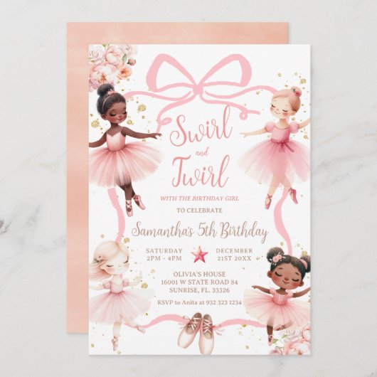 Pink Bow Afro-Amerikaanse Ballerina Tutu Verjaarda Kaart (Voorkant / Achterkant)