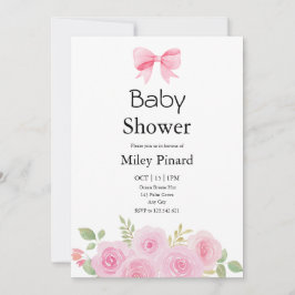 Pink Bow and Floral Baby Shower Invitation Kaart
