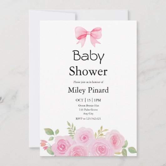 Pink Bow and Floral Baby Shower Invitation Kaart (Voorkant)