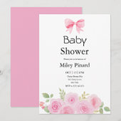 Pink Bow and Floral Baby Shower Invitation Kaart (Voorkant / Achterkant)