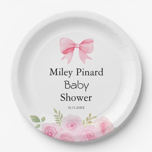 Pink Bow and Floral Baby Shower Papieren Bordje (Voorkant)