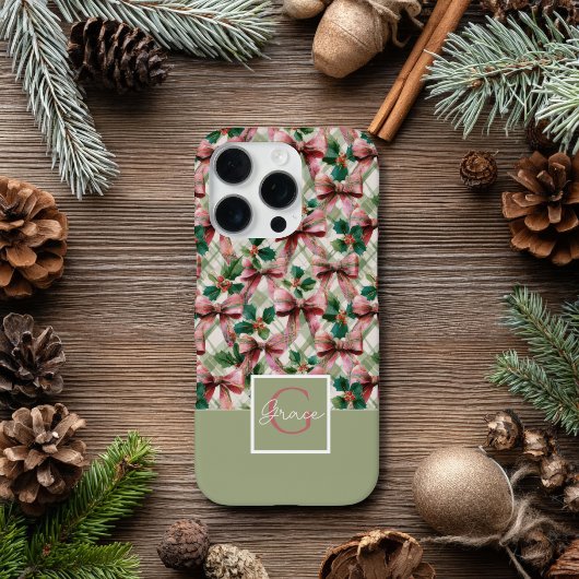Pink Bow and Holly Watercolor Christmas Pattern iPhone Hoesje