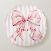 Pink Bow and Stripes Personalized Rond Kussen (Voorkant)