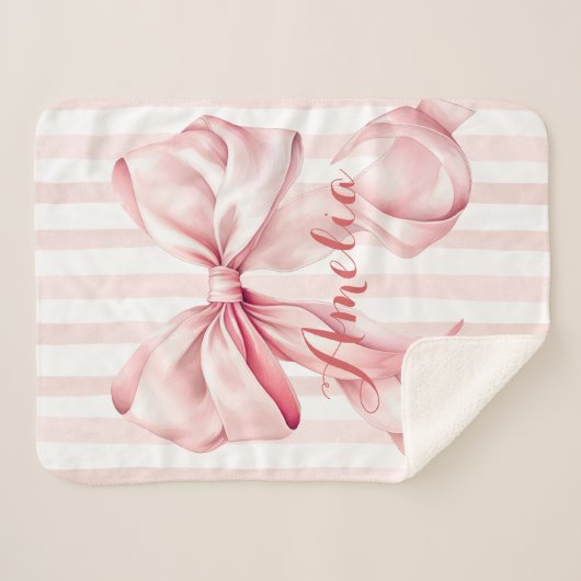 Pink Bow and Stripes Personalized Sherpa Deken (Voorkant (horizontaal))
