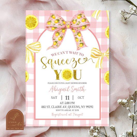 Pink Bow and Yellow Lemon Baby Shower Invitation Kaart