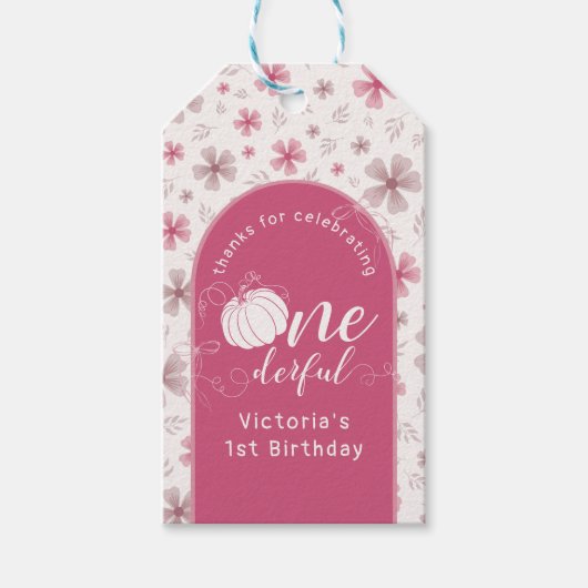 PINK BOW & ARCH FALL PUMPKIN FLOWERS BIRTHDAY CADEAULABEL (Voorkant)