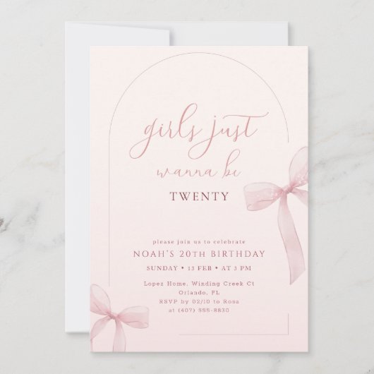 Pink Bow Arch Frame Girl 20th Birthday Invitation Kaart (Voorkant)