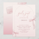 Pink Bow Arch Frame Girl 20th Birthday Invitation Kaart (Voorkant / Achterkant)