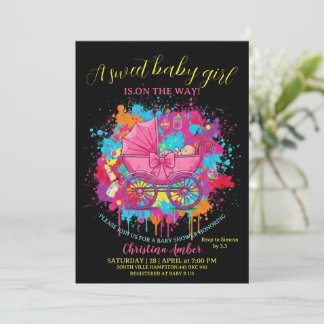 Pink Bow Baby Carriage Girl Baby Shower Invitation Kaart