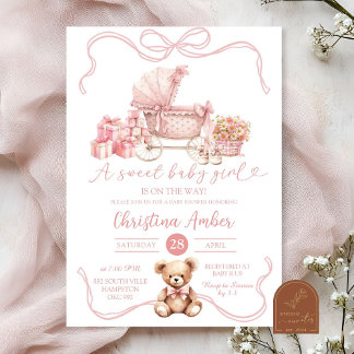 Pink Bow Baby Carriage Girl Baby shower Kaart