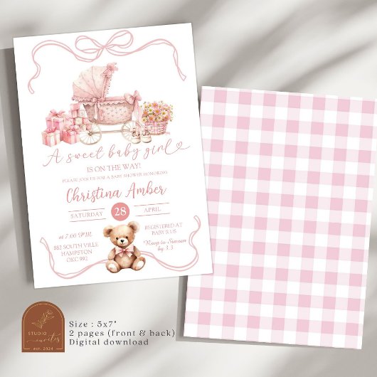 Pink Bow Baby Carriage Girl Baby shower Kaart
