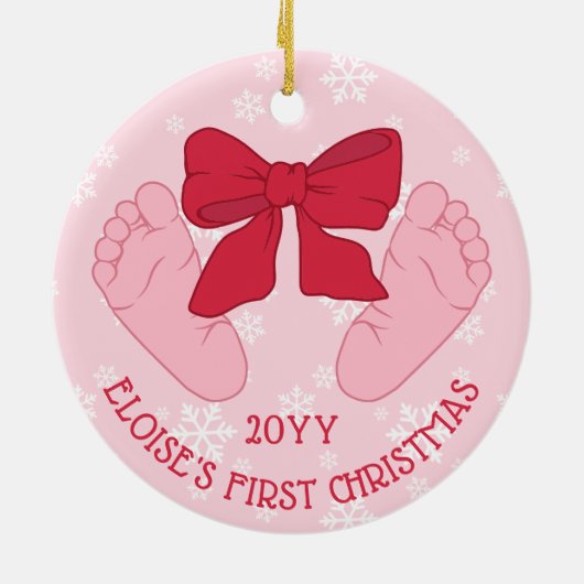 Pink Bow Baby Feet Photo Daughter First Christmas Keramisch Ornament (Achterkant)