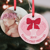 Pink Bow Baby Feet Photo Daughter First Christmas Keramisch Ornament