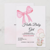 Pink Bow Baby Girl Shower Invitation Feestdagenkaart (Voorkant / Achterkant)