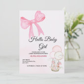 Pink Bow Baby Girl Shower Invitation Feestdagenkaart (Staand voorkant)