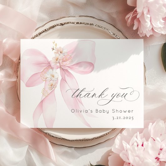 Pink Bow Baby in Bloom Baby shower Bedankt kaart
