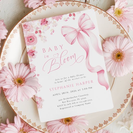 Pink Bow Baby In Bloom Baby Shower Invitation Kaart