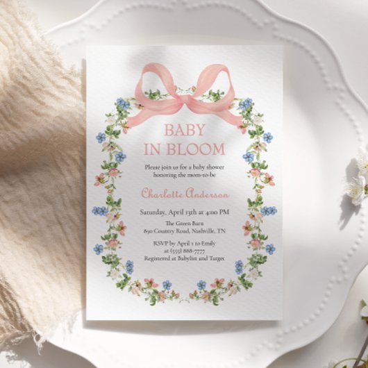 Pink Bow Baby in Bloom Baby shower Kaart