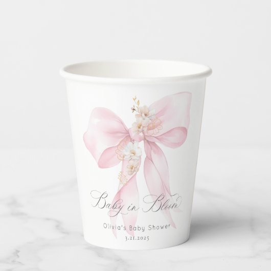 Pink Bow Baby in Bloom Baby shower Papieren Bekers (Achterkant)