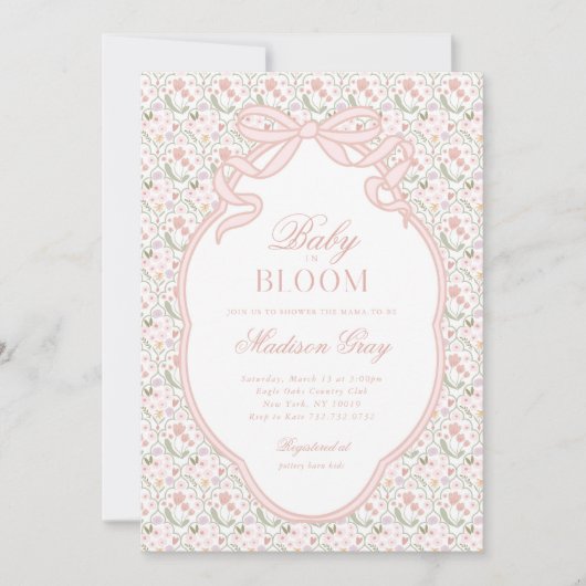 Pink Bow Baby in Bloom Baby shower Uitnodiging (Voorkant)