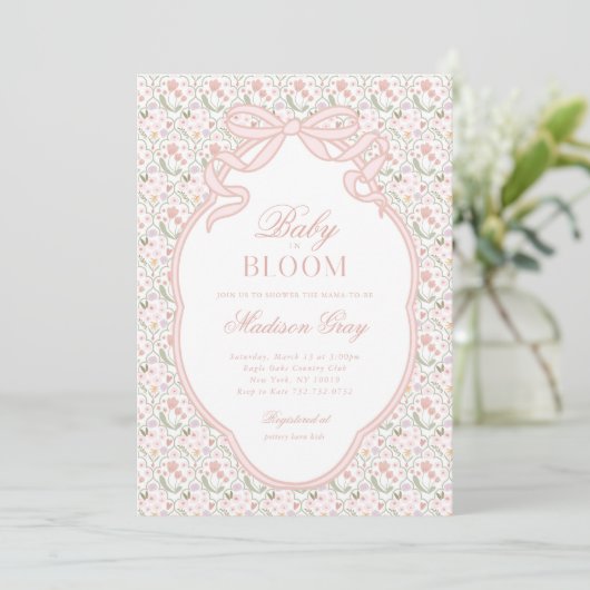 Pink Bow Baby in Bloom Baby shower Uitnodiging (Staand voorkant)