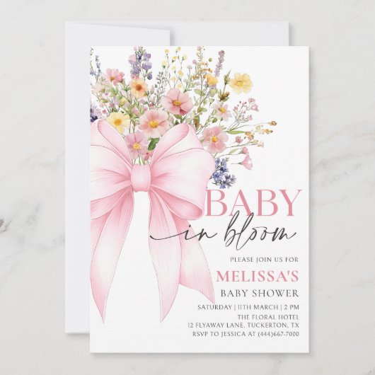 Pink Bow Baby in Bloom Baby shower Uitnodiging (Voorkant)