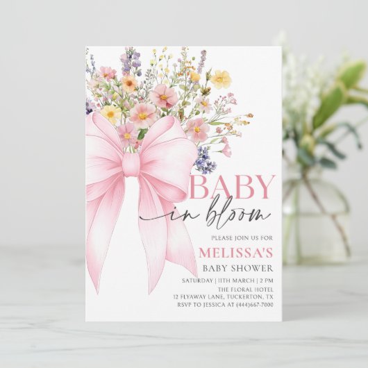 Pink Bow Baby in Bloom Baby shower Uitnodiging (Staand voorkant)
