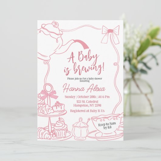 Pink Bow Baby is het brouwen van thee Baby shower Kaart (Staand voorkant)