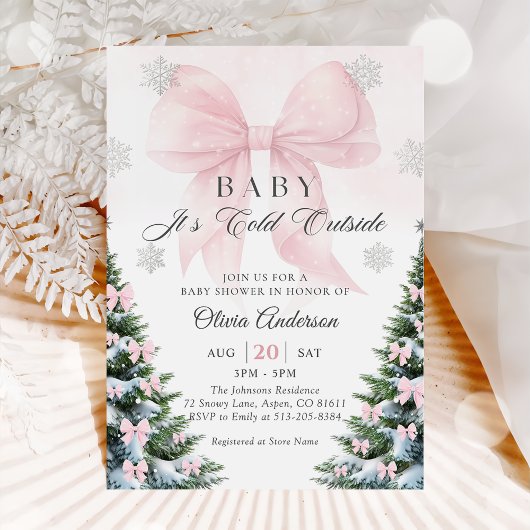 Pink Bow Baby It's Cold Outside Baby Shower  Invit Kaart