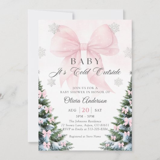 Pink Bow Baby It's Cold Outside Baby Shower Invit Kaart (Voorkant)