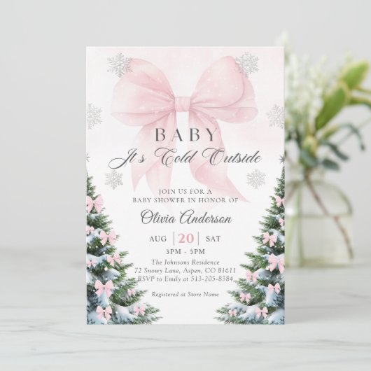 Pink Bow Baby It's Cold Outside Baby Shower  Invit Kaart (Staand voorkant)