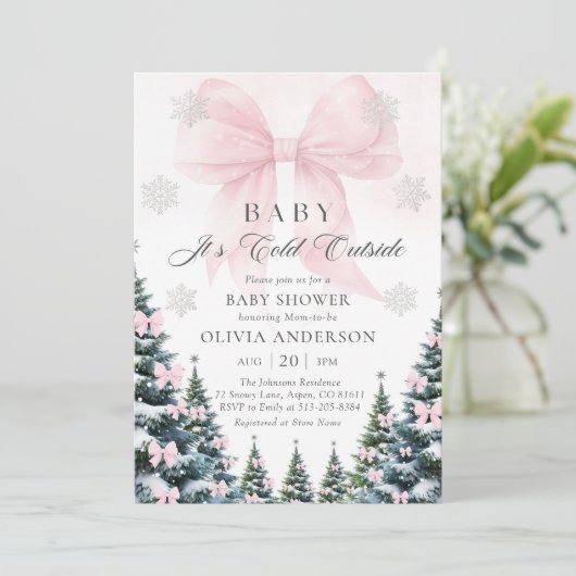 Pink Bow Baby It's Cold Outside Baby Shower  Kaart (Staand voorkant)