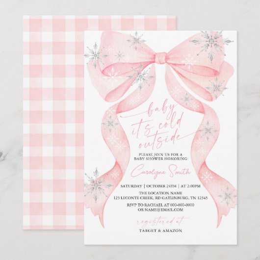 Pink Bow Baby It's Cold Outside Baby Shower Kaart (Voorkant / Achterkant)