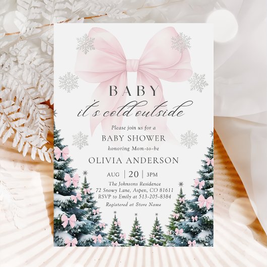 Pink Bow Baby It's Cold Outside Baby Shower  Kaart