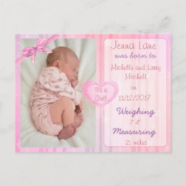 Pink Bow Baby Meisje Geboorte Aankondiging Briefka