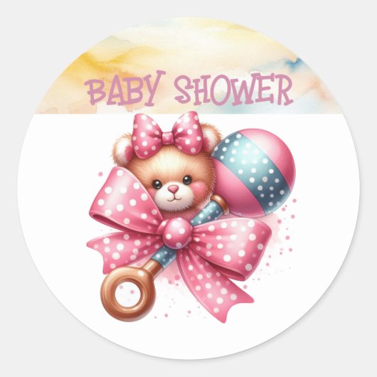 Pink Bow Baby Rattle Baby shower Ronde Sticker (Voorkant)