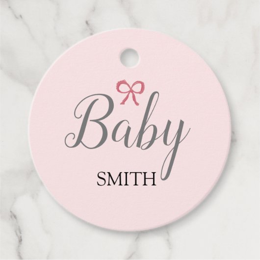 Pink Bow Baby Script Aangepaste naam Bedankjes Labels (Voorkant)