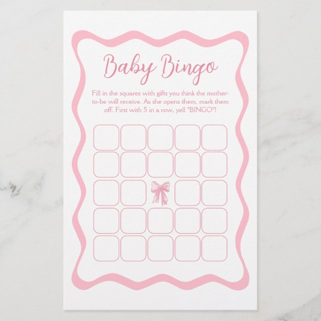 Pink Bow Baby shower Baby Bingo spel (Voorkant)