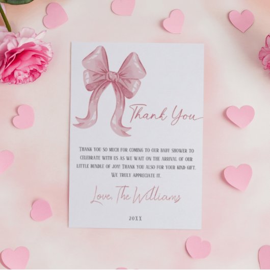 Pink Bow Baby shower Dank u kaart