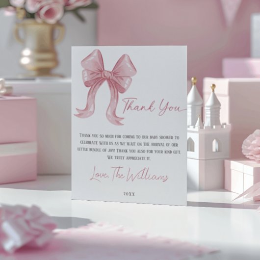 Pink Bow Baby shower Dank u kaart